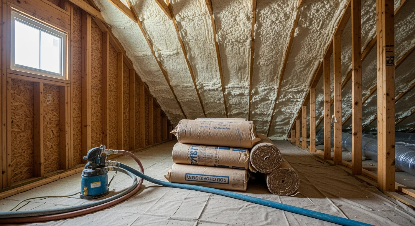 Spray foam insulation being applied to attic