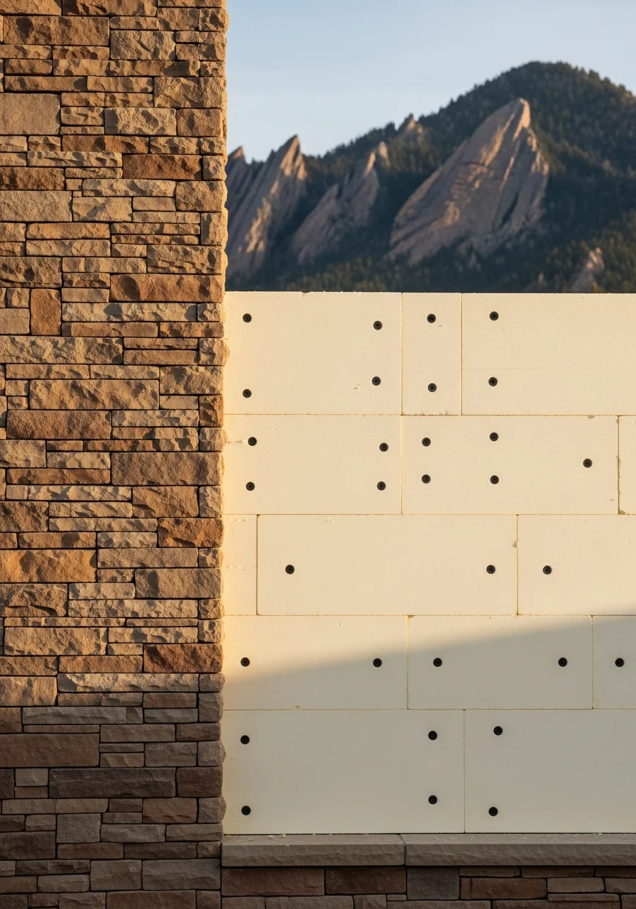 Detail of quality construction work on a Boulder mountain property with natural stone and wood elements.