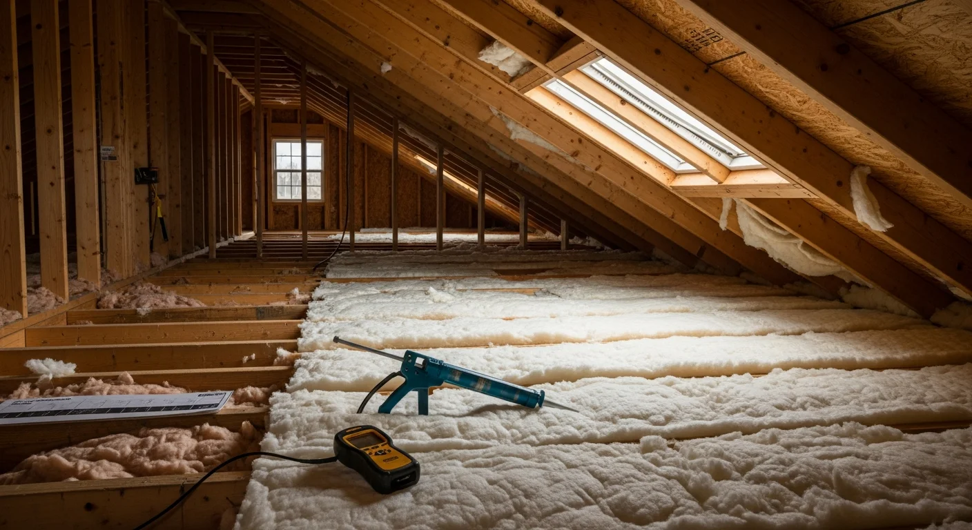 A Denver attic after professional insulation installation, showing an even layer of blown-in insulation covering the attic floor from wall to wall. A depth ruler is visible in the foreground, confirming proper coverage depth.