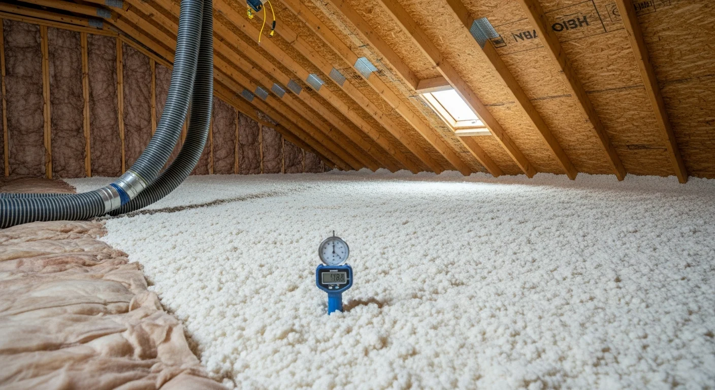 A Denver-area attic floor being topped off with blown-in loose-fill insulation, covering existing thin batts between wood joists. The insulation fills the full depth of the joist bays evenly across the attic floor.