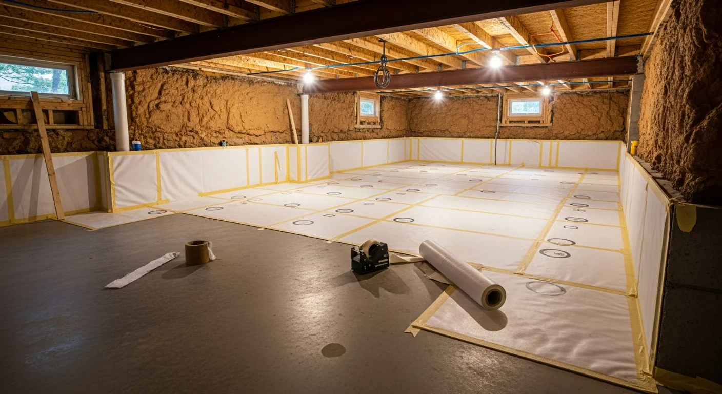 A sealed crawlspace beneath a Denver-area home with a heavy vapor barrier covering the ground and foundation walls. The space is dry and clear, showing completed crawlspace encapsulation work.