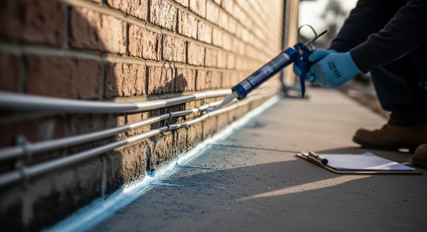 A pest control technician inspecting and sealing a gap along the foundation and utility line entry point of a Denver-area home exterior. Close-up view showing the structural opening being closed to prevent rodent and insect access.