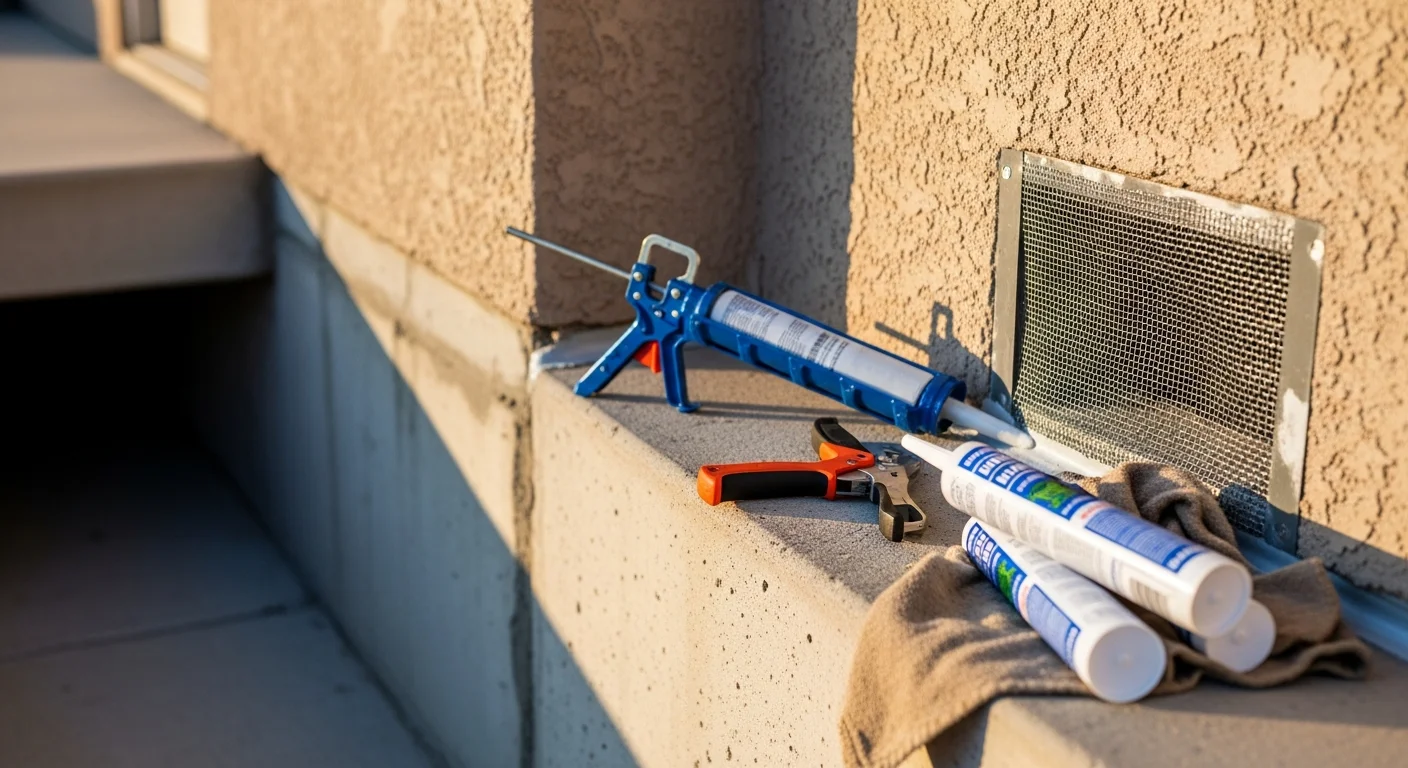 A pest control technician from Next Level Home Services inspecting and sealing a foundation gap on the exterior of a Denver-area home during a rodent proofing service. Close-up view of a sealed utility penetration point along a residential foundation in the Denver metro.