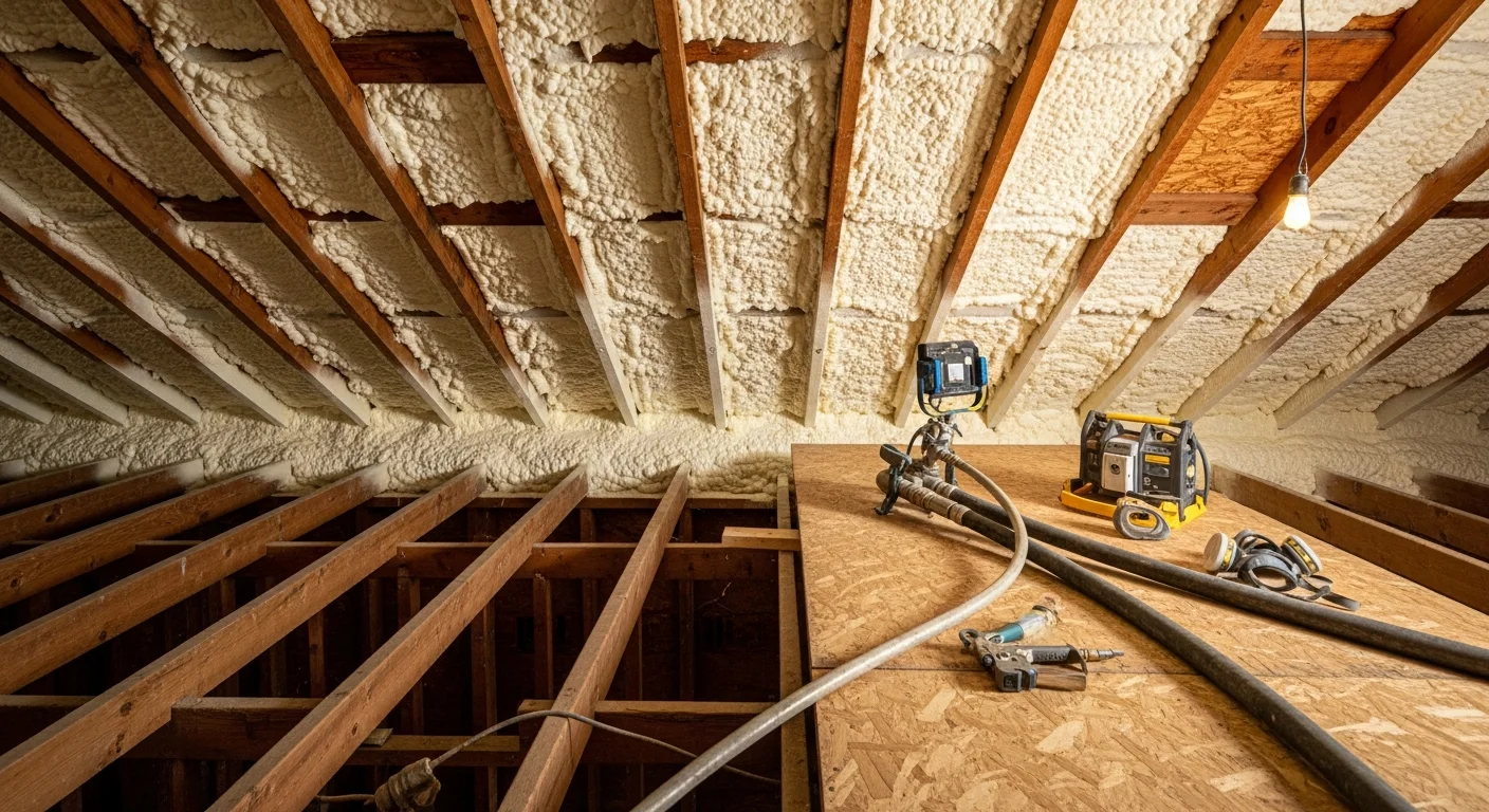 A contractor applying spray foam insulation to the rim joist and wall cavity of a Denver-area home during a residential insulation project. The expanding foam fills gaps along the framing to create a continuous air seal.
